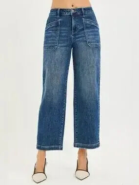 RISEN Slouchy Cropped Baggy Jeans with Front Patch Pocket